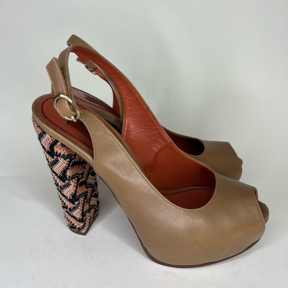 Missoni Shoes Heels Sling Back Platform Women Size 37.5 US 6.5 Brown Leather